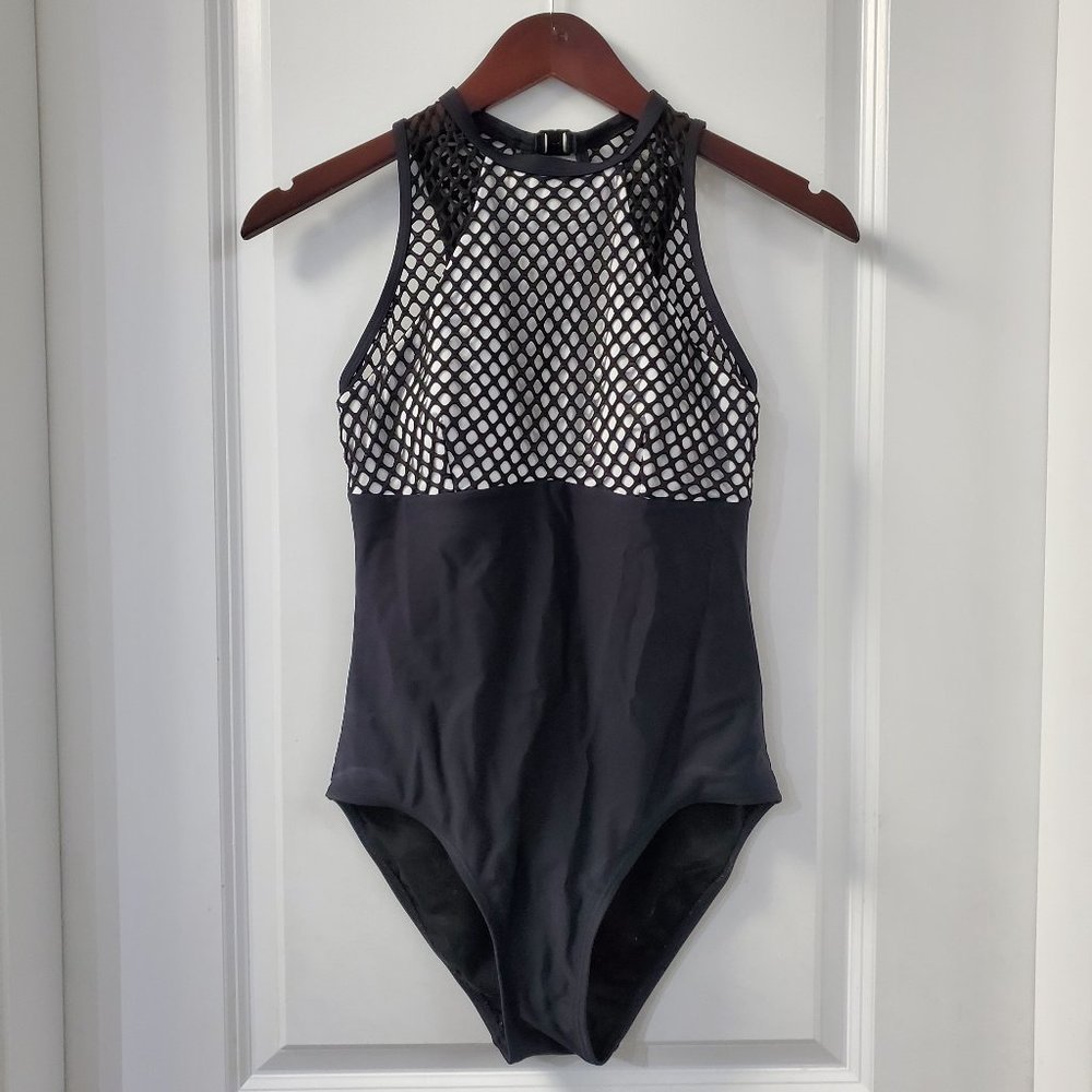 High neck, black and white mesh top one piece, full coverage bum.